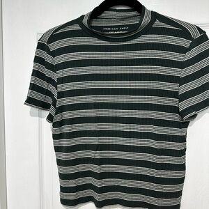 American Eagle Dark Green and White Striped Ribbed Top